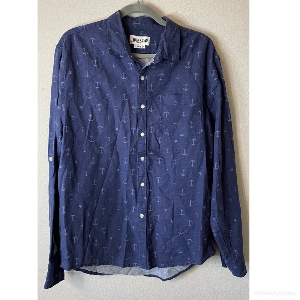 Trunks Nautical Linen Cotton Beach Blue Long Sleeve Button Front Anchor Shirt